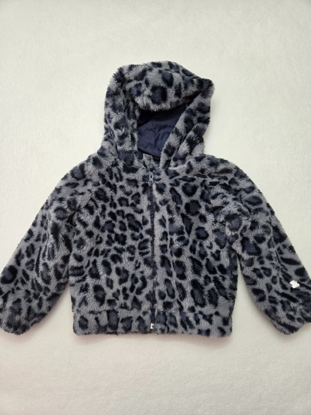 Deux par Deux Girls 5 Blue Gray Leopard Faux Fur Hooded Jacket Coat Full Zip